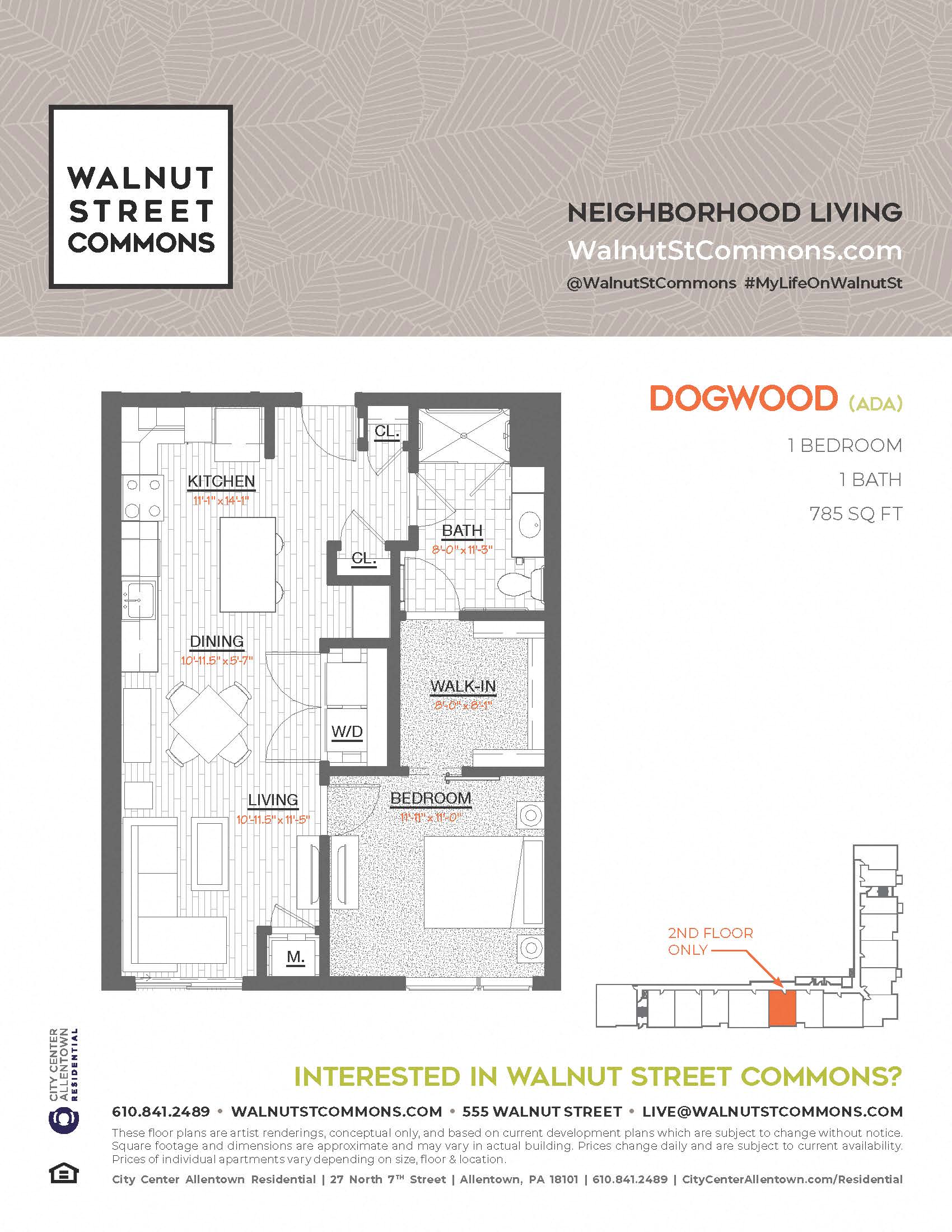 Floor plan for 1 bed, 1 bath, 785 sqft